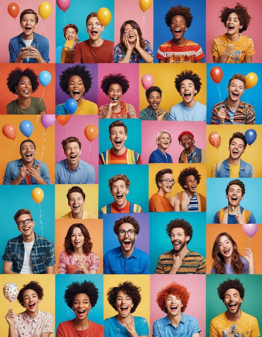 A collage of 10 small screens showcasing hilarious moments from various short clips, each screen with different vibrant characters laughing and engaging in funny antics. The background should be light and cheerful, radiating positive vibes with bright colors and playful elements like confetti and balloons, capturing the essence of humor and joy. super-realistic. vibrant colors. cheerful background.