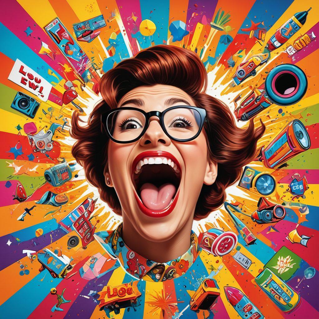 A lively collage of dynamic video snippets showcasing funny moments, featuring animated characters laughing, quirky situations, and vibrant captions exclaiming 'LOL!' The background should be a colorful, energetic mix of pop art elements to convey a playful atmosphere. Include a digital screen displaying plays or snippets in various frames. super-realistic. vibrant colors. pop art style.